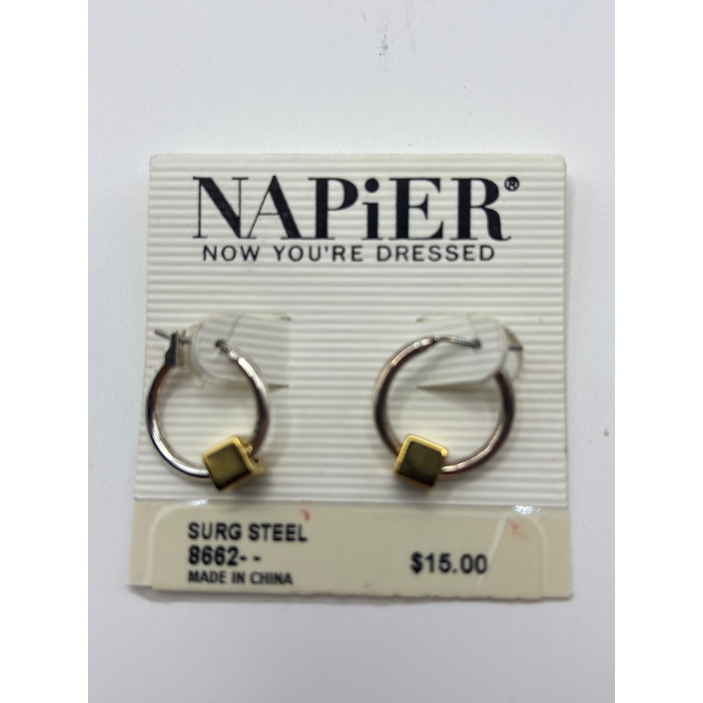 Napier Silver Tone Hoop Earrings Gold Tone Cube Charm Surgical Steel 8662 NEW